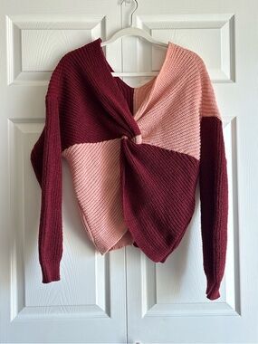 No Boundaries Cozy Twisted Front Knit Sweater - Pink & Burgundy Size XL Elegant